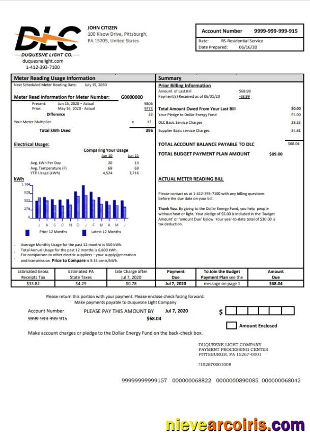 USA Pennsylvania Duquesne light utility bill